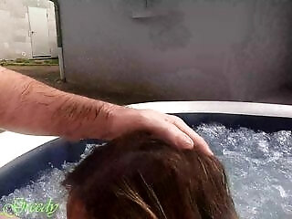 Milf Sucks Husband In Hot Tub Wearing Lipstick And Swallows All His Cum