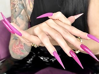 Purple Color Long Nails, Sharp Stilettos, Palms, Long Fingers And Hands Worship, Black Pvc On Me